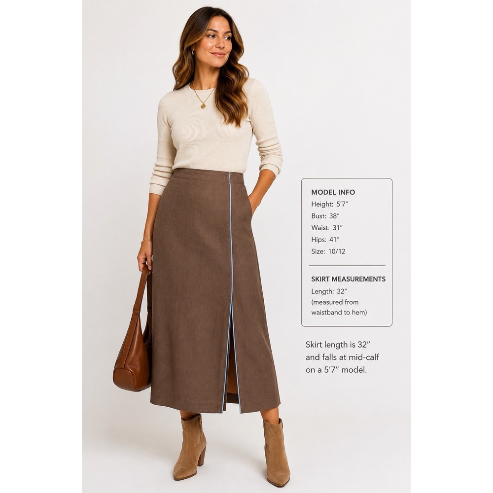 Parisian Signature Woman Vtg Brown Linen Blend Midi Blue Piping Size 14W Preppy